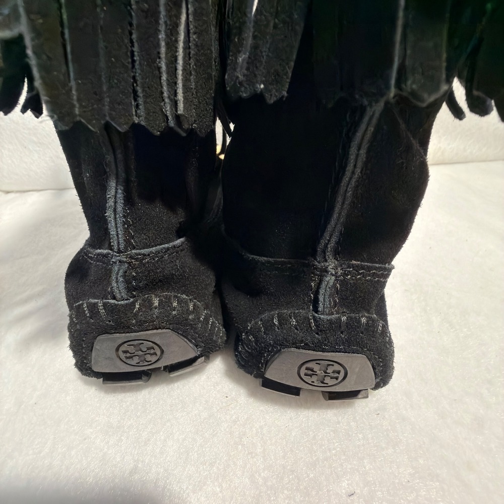 Tory Burch Black Suede Fringe Moccasin Boots Gold Logo Lace Up Ankle Booties- 7 - Picture 6 of 10